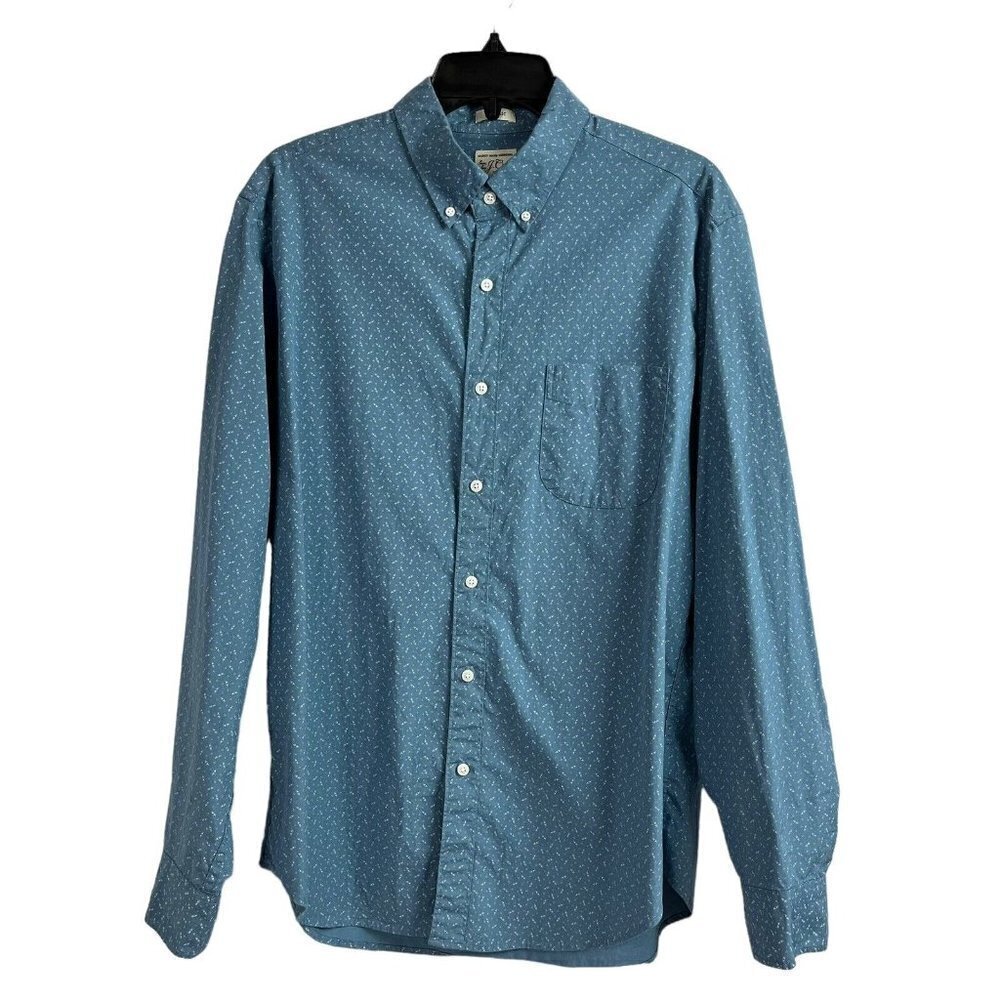 J Crew Secret Wash Classic Shirt Stretch Blue White Geometric Print Mens Medium